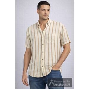 Christian Lacroix NWT Modern Fit Linen Blend Stripe Cream Tan sh sl Men's Lg
